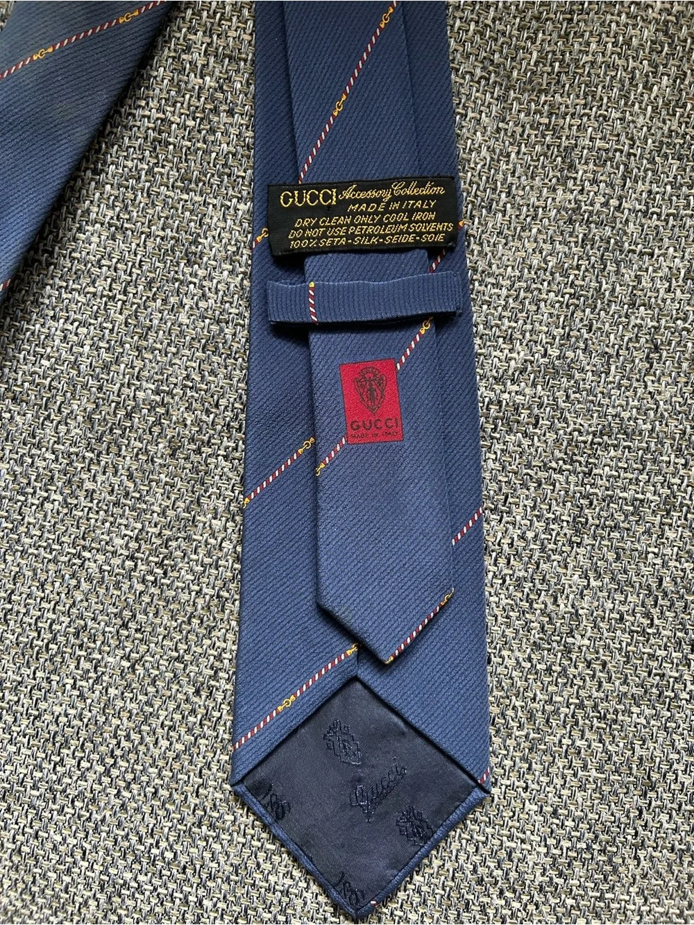 Vintage 80s Gucci 100% Silk Tie Navy Blue Diagonal Stripe Made in Italy